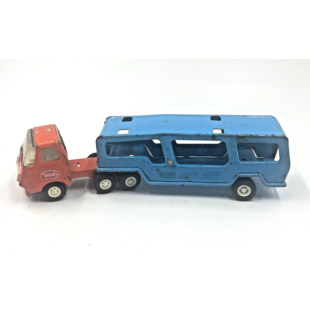 Vintage Buddy L Blue Car Carrier Truck 10 1/2" & Red Tonka Truck Pressed Steel